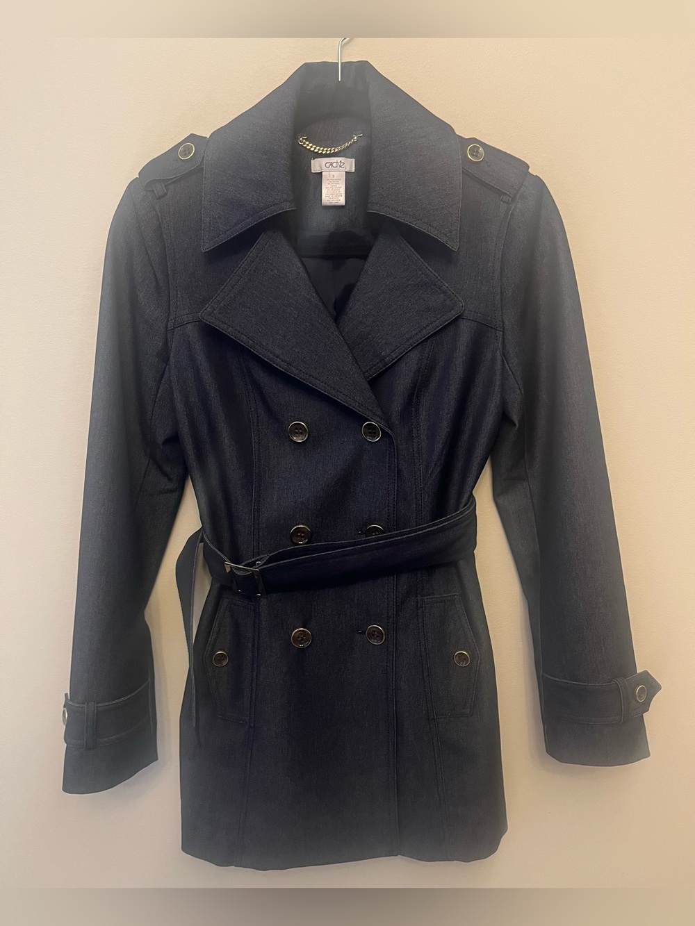 Vintage Cache Double-Breasted Belted Trench Coat Women's Size Small Denim Blue